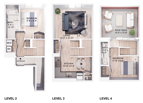 three floor plans of a house with a bedroom and a living room